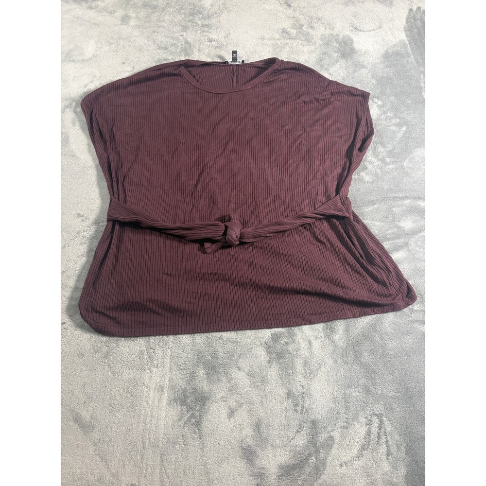 Express Womens Ribbed Tie Waist Dolman Top Large Burgundy Short Sleeve Knit